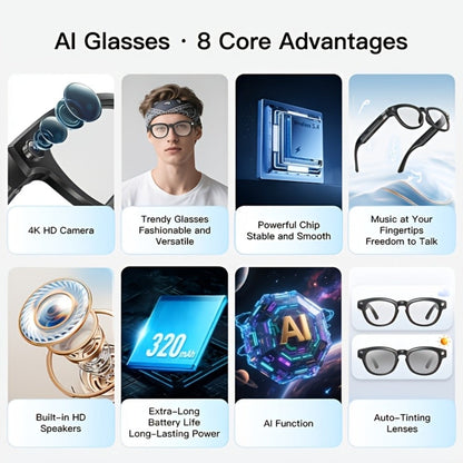 Smart Glasses 16GB Video Recording Eyewear with Source-Listed 4K Camera, Open-Ear Audio and Black Frame