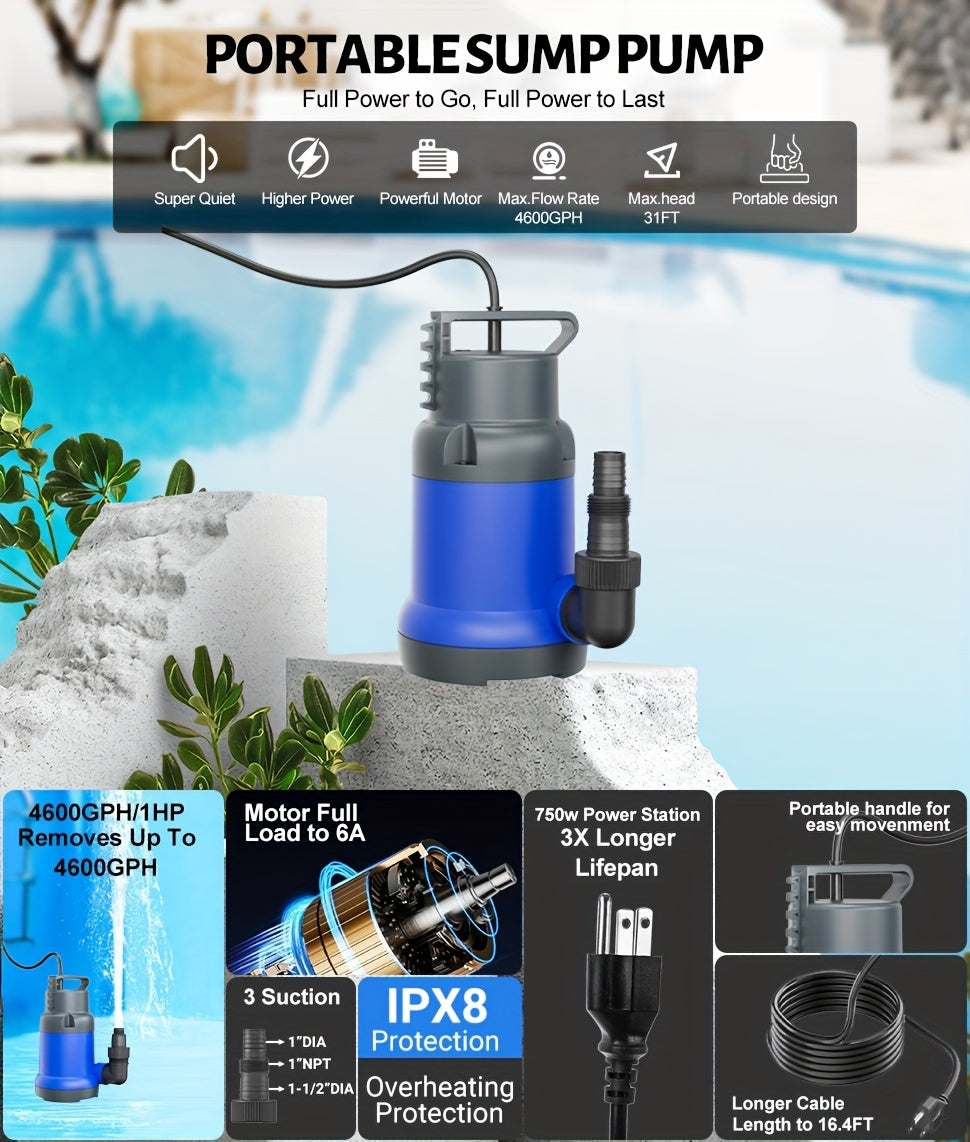 Submersible Sump Pump 1HP 4600GPH Portable Utility Water Pump for Pool Basement Flood Hot Tub