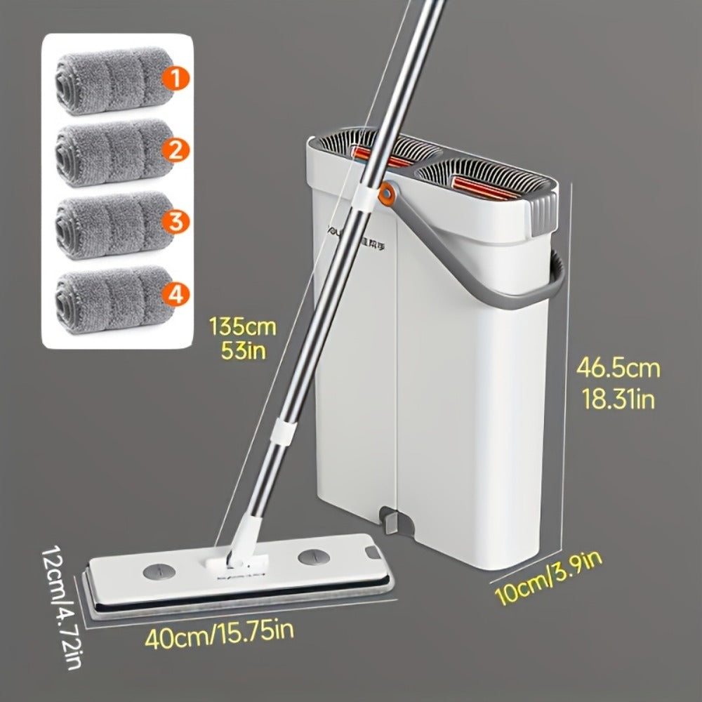 Flat Mop and Bucket Set with Metal Rod 360 Degree Swivel Head Reusable Microfiber Pads for Entryways, Bedrooms and Living Spaces