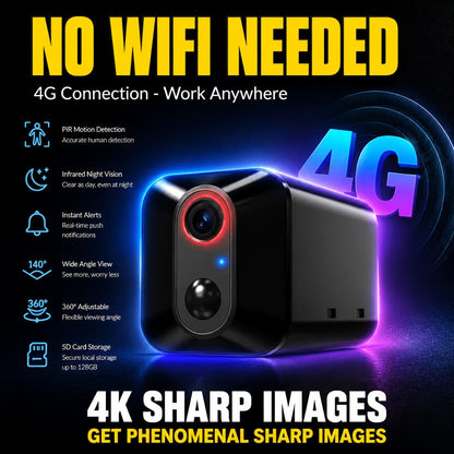 4G LTE Security Camera 4K Wireless No WiFi Needed, Infrared Night Vision, Rechargeable Battery, PIR Human Detection
