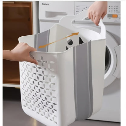 White Wall-Mounted Foldable Laundry Basket with Cutout Panels, Carry Handle and 39 cm Height
