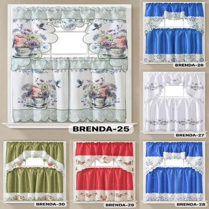 Kitchen Curtains 3 Piece Set Embroidered Satin Valance and Tiers – Rod Pocket Light Filtering Machine Washable 46 Colors