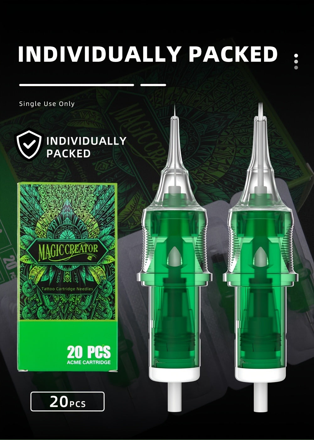 Tattoo Cartridge Needles with MAGICCREATOR Label, 20-Piece Box with 25 RL RS CM M1 Options