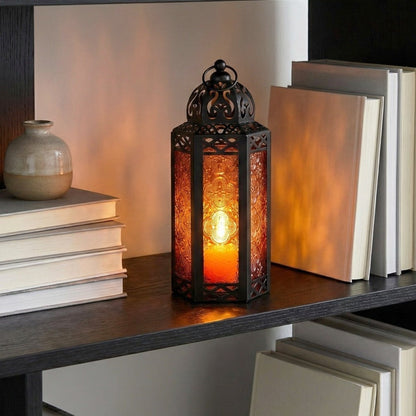 Moroccan Candle Lantern Holder - Decorative Metal & Glass Lantern with Embossed Floral Design for Indoor Home Decor