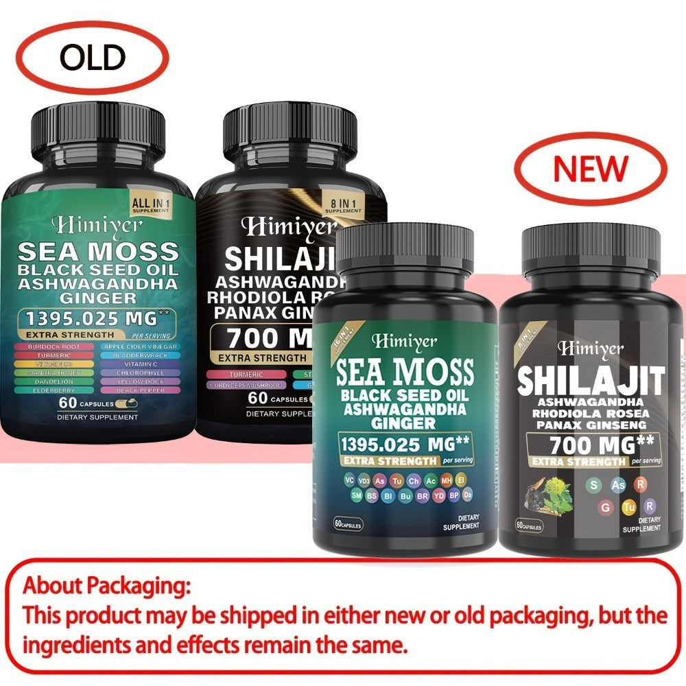 Dietary Supplement Six-Bottle Bundle with Himiyer Label, Sea Moss and Shilajit 60-Capsule Formulas