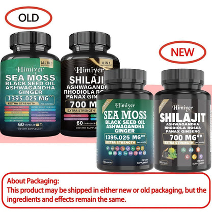 Dietary Supplement Six-Bottle Bundle with Himiyer Label, Sea Moss and Shilajit 60-Capsule Formulas