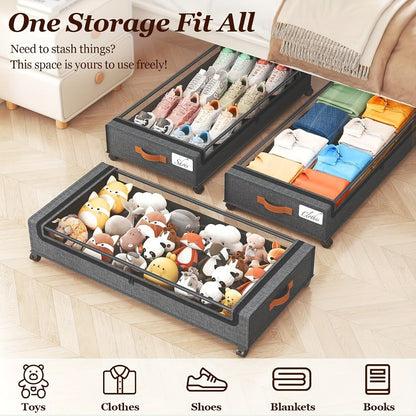 Under Bed Storage Organizer 2-Pack Rolling Boxes in Black or Gray for Clothes, Shoes and Bedding