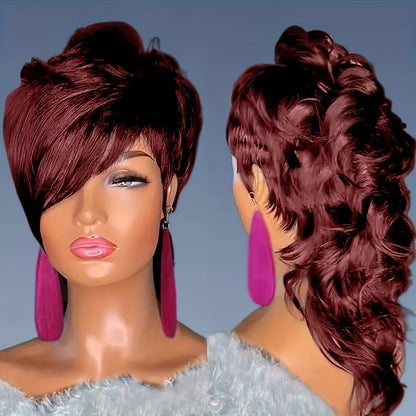 Synthetic Wig 14-Inch Curly-Wave Pixie Mullet with Bangs, 150% Density and Rose Net Cap in Three Colors