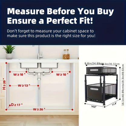Under Sink Storage Organizer 2-Tier Metal Slide-Out Shelf for Kitchen or Bathroom Cabinet Use