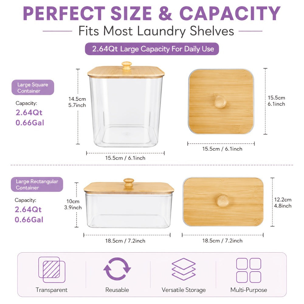 Laundry Pods Container & Dryer Sheet Holder Set with Bamboo Lids, Clear Laundry Room Organization Containers for Scent Booster, Powder