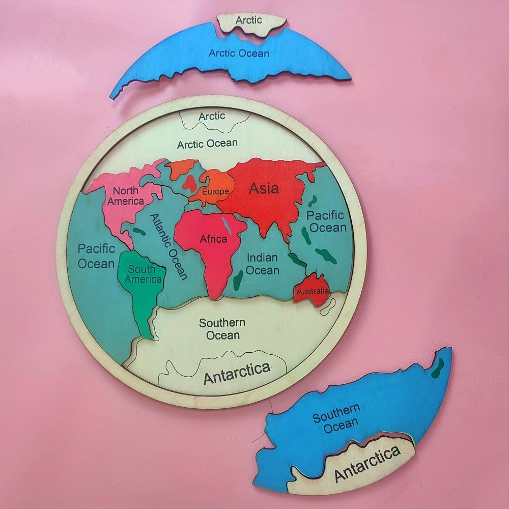 Wooden World Map Puzzle for Kids, Seven Continents Geography Learning Toy, Colorful STEM Educational Puzzle