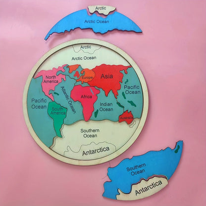 Wooden World Map Puzzle for Kids, Seven Continents Geography Learning Toy, Colorful STEM Educational Puzzle