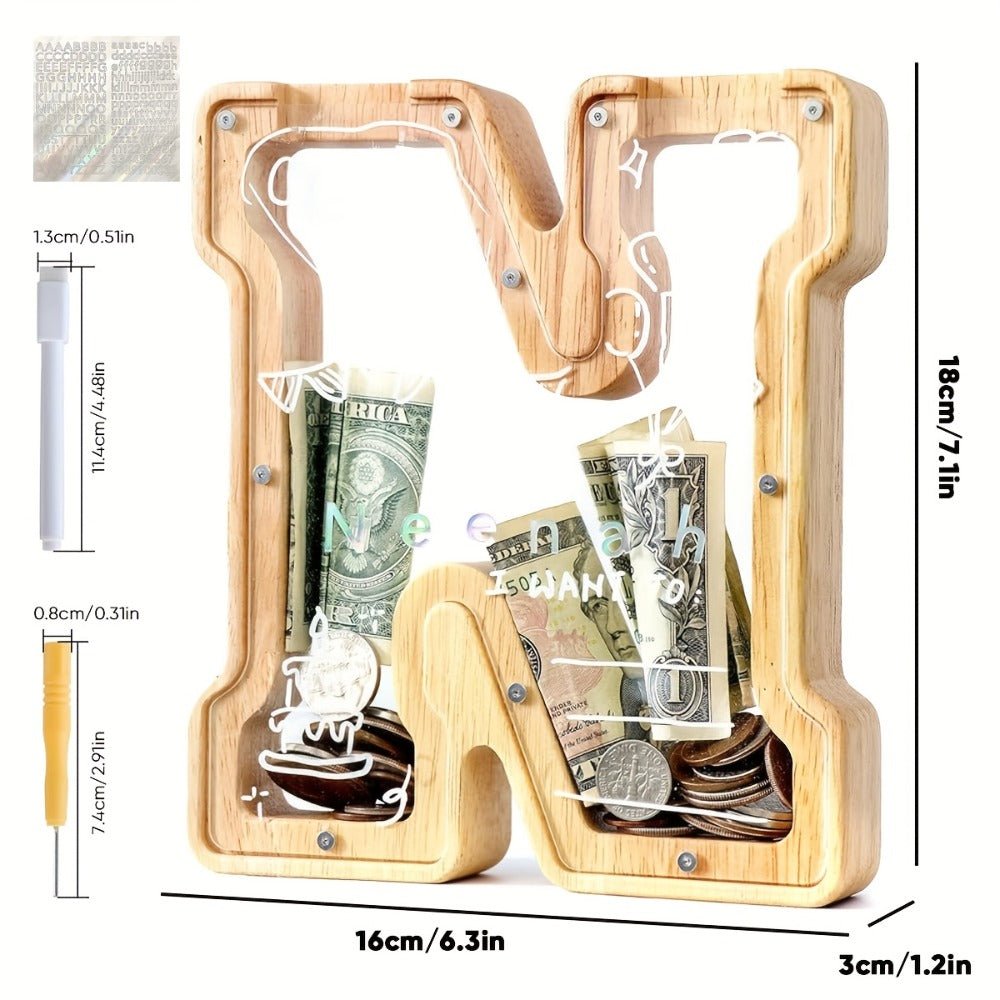 Alphabet Wooden Money Bank for Adults A to Z Letter Piggy Bank – Personalized Coin Bank Home Decor Craft Art Decoration