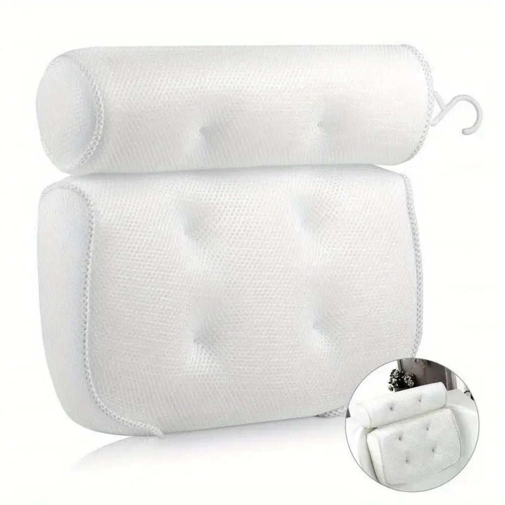 Two-Piece Bathtub Neck and Back Cushion with Six Suction Cups, Hanging Hook and White Mesh Cover