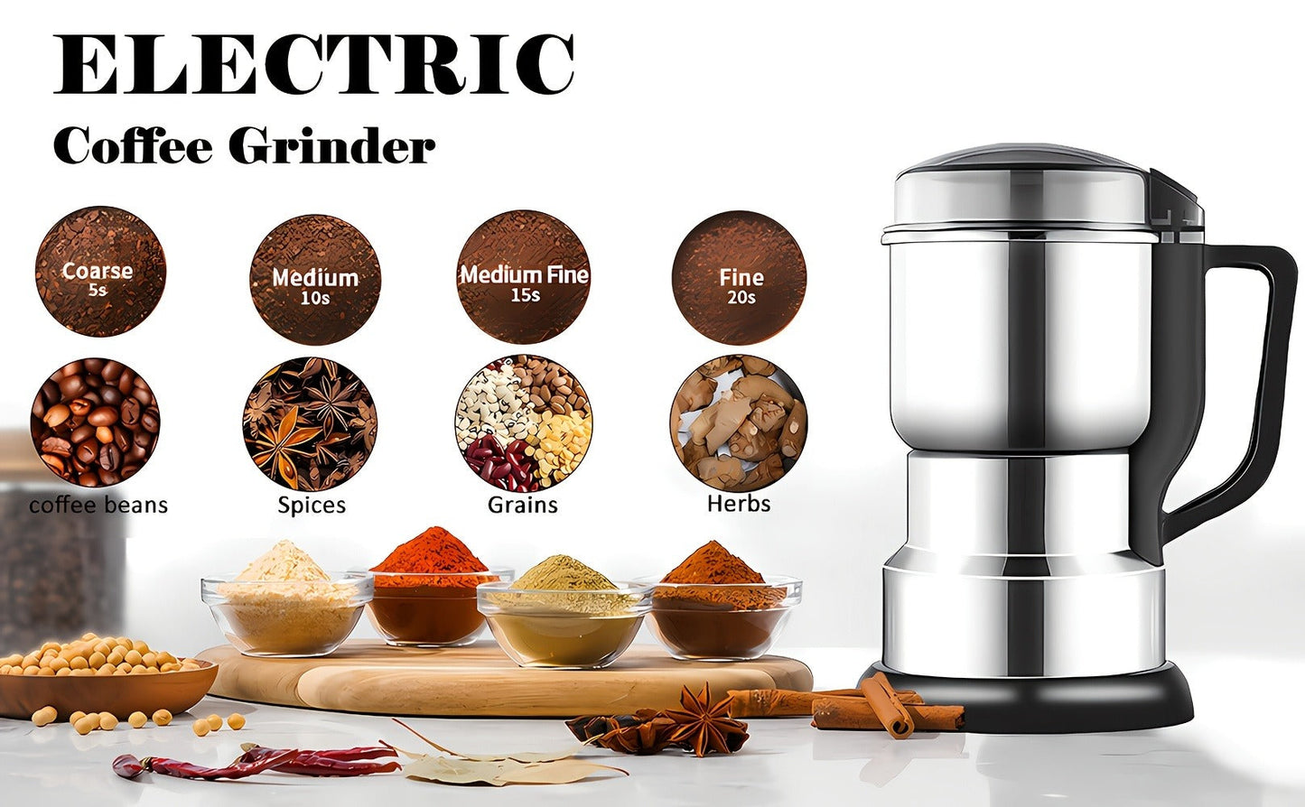 Electric Spice Grinder 300W, Multifunctional 304 Stainless Steel Coffee Bean Herb Seasoning Grain Grinder Machine for Kitchen