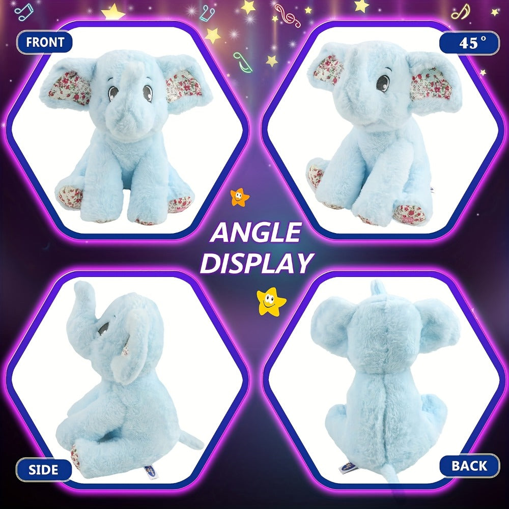 Plush Toy Blue Elephant with LED Glow and Optional Lullaby Music for Soft Room Display and Gifting
