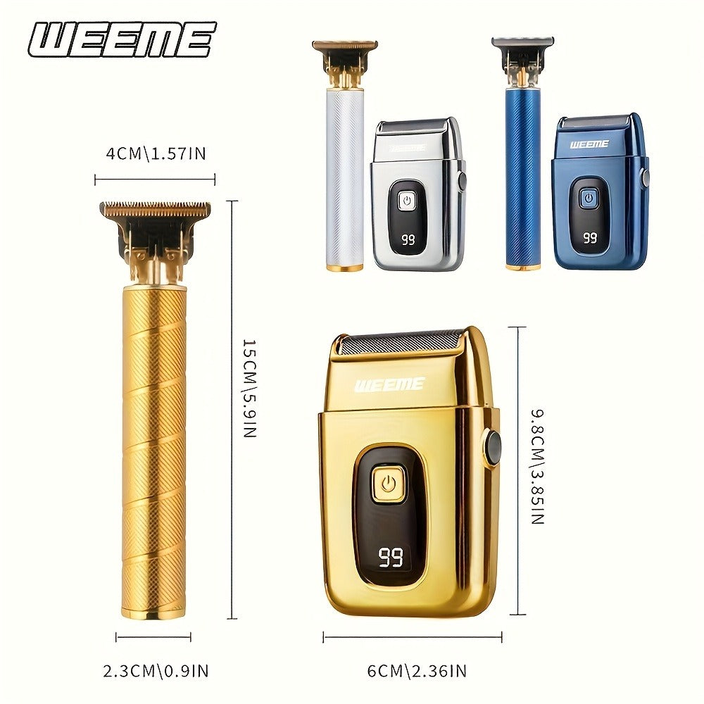 Hair Clipper WEEME Gold or Blue Three-Tool Grooming Set with LCD Display, USB Charging and Guide Combs