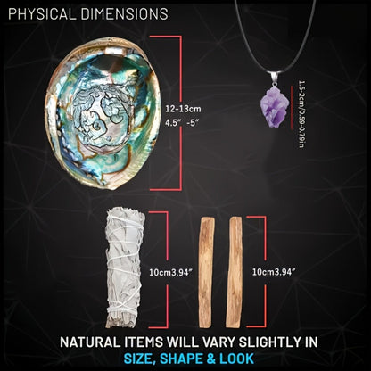 Sage Smudge Kit with Abalone Shell, White Sage Bundle, Holy Wood Palo Santo, Amethyst Crystal Necklace