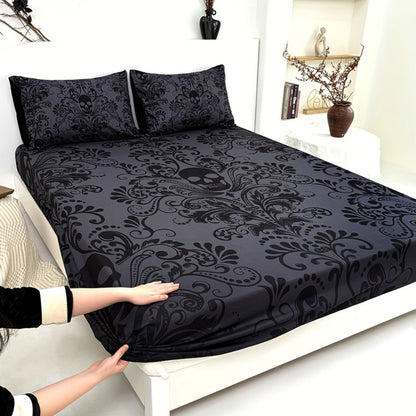 Gothic Skull Fitted Sheet Set 3-Piece, Victorian Baroque Halloween Bedding, 1 Deep Pocket Fitted Sheet + 2 Pillowcases