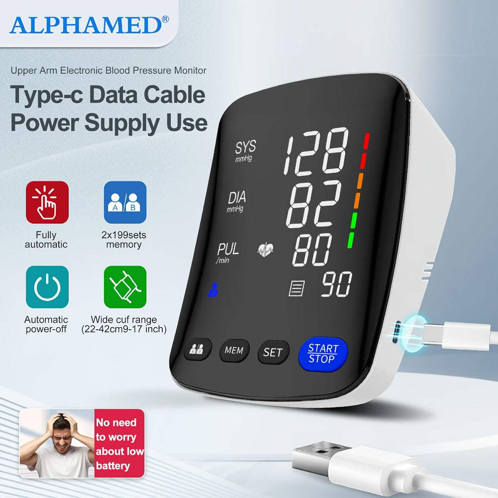 Blood Pressure Monitor by ALPHAMED U82RH, Upper-Arm Curved LED Device with USB Power and 2 x 199 Memory
