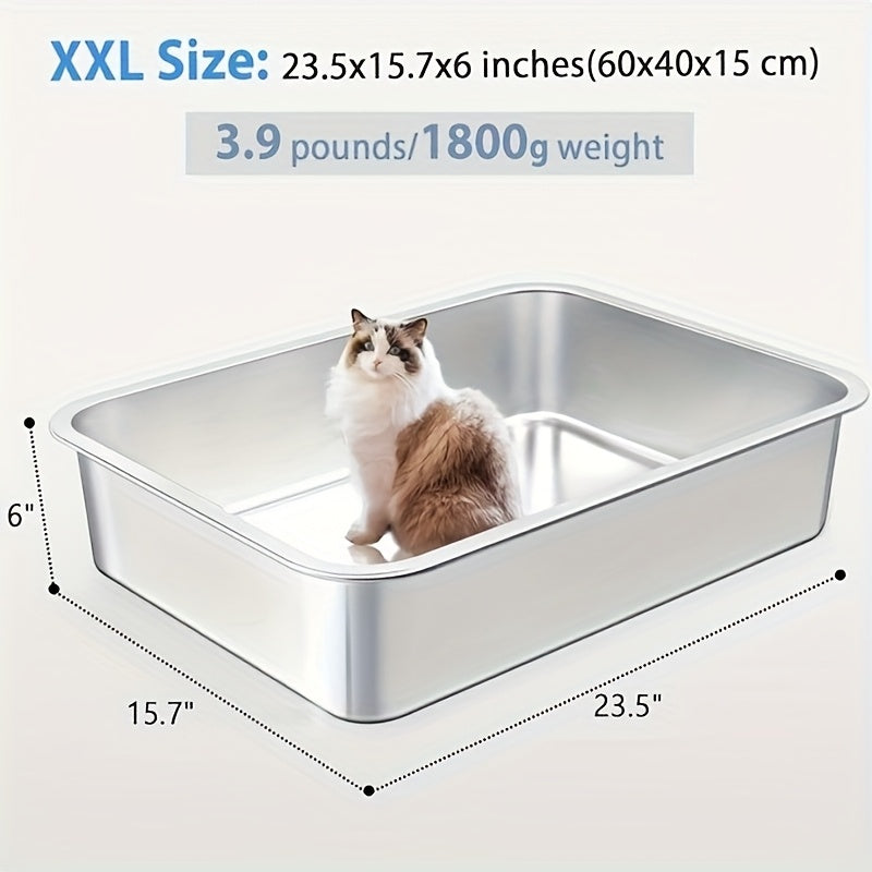 Large Stainless Steel Cat Litter Box 24x16x6 Inch Heavy Duty Rust-Proof Easy Clean Open Top Metal Litter Pan for Big Cats & Rabbits