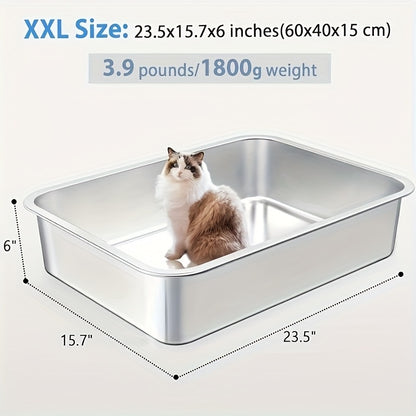 Large Stainless Steel Cat Litter Box 24x16x6 Inch Heavy Duty Rust-Proof Easy Clean Open Top Metal Litter Pan for Big Cats & Rabbits