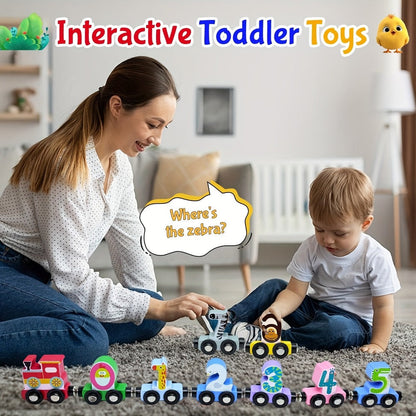 Magnetic Wooden Animal Train Set 12pcs with Storage Bag, Number & Animal Learning Toy for Toddlers Ages 1 2 3