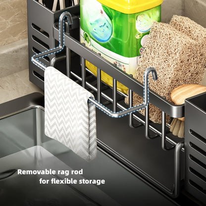 Kitchen Sink Organizer Sponge Holder with Self-Draining Tray Removable Rag Rod Carbon Steel for Home Cooking, Dining and Outdoor Meals