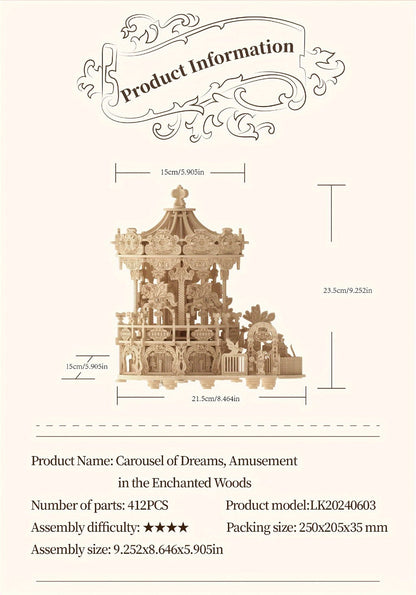Rotating Merry-Go-Round Wooden Puzzle Kit, Mechanical Carousel 3D Model for Adults & Teens, DIY Kinetic Display Piece