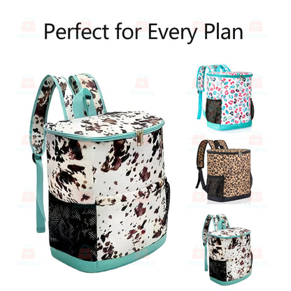 Insulated Cooler Backpack 30-Can Capacity, Leopard Print Portable Lunch Bag with Mesh Side Pockets & Adjustable Straps