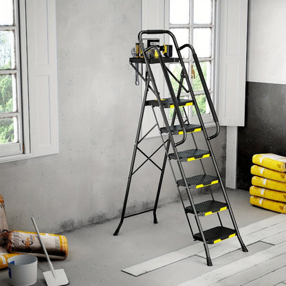 6 Step Ladder with Handrails & Tool Platform, Folding Step Stool Wide Pedal Steel Safety Ladder for Adults