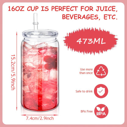 16oz Plastic Cups with Lids and Straws Bulk 25pcs Set Clear Flat Bottom Tumbler Single or Double Wall for Iced Coffee Boba Water Juice Party