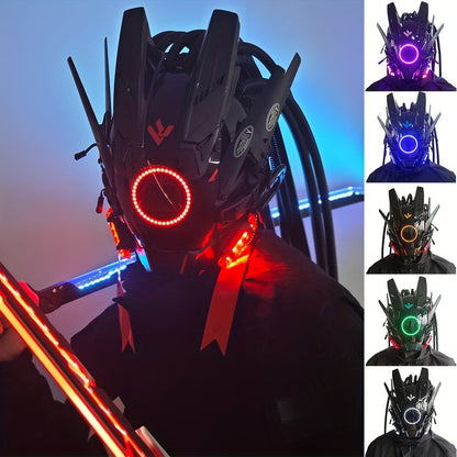 LED Cyberpunk Samurai Mask with Braids, Futuristic Sci-Fi Mechanical Face Mask for Halloween, Cosplay