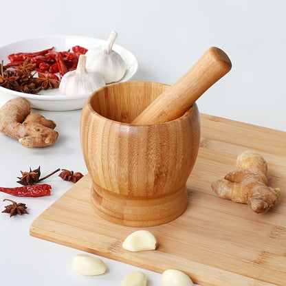 Bamboo-Look Mortar and Pestle Set with Deep Grinding Bowl for Garlic, Herbs, Pepper and Dry Spices