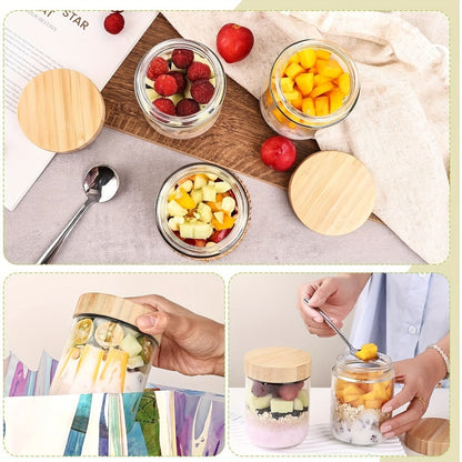 Glass Jar Food Storage Organizer with Bamboo Lids, Wide Mouths, Four-Pack 16oz or Six-Pack Spoon Sets