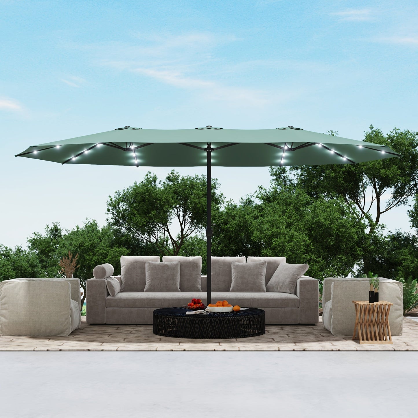 Patio Umbrella 15x9FT Double-Sided Rectangle with Optional 36 LEDs, 12-Rib Frame and Eight Color-Light Options