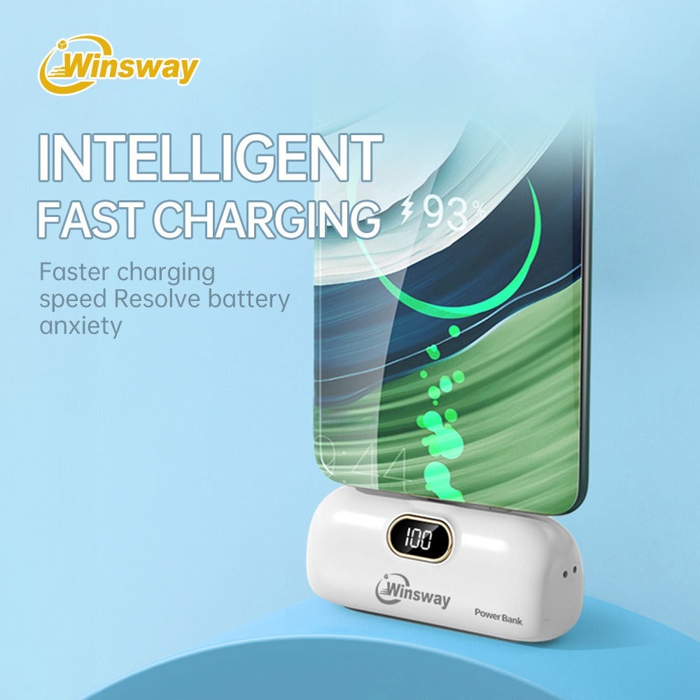 Power Bank 5000mAh Mini USB-C Plug-In Style with Digital Display in Pink or White for Travel