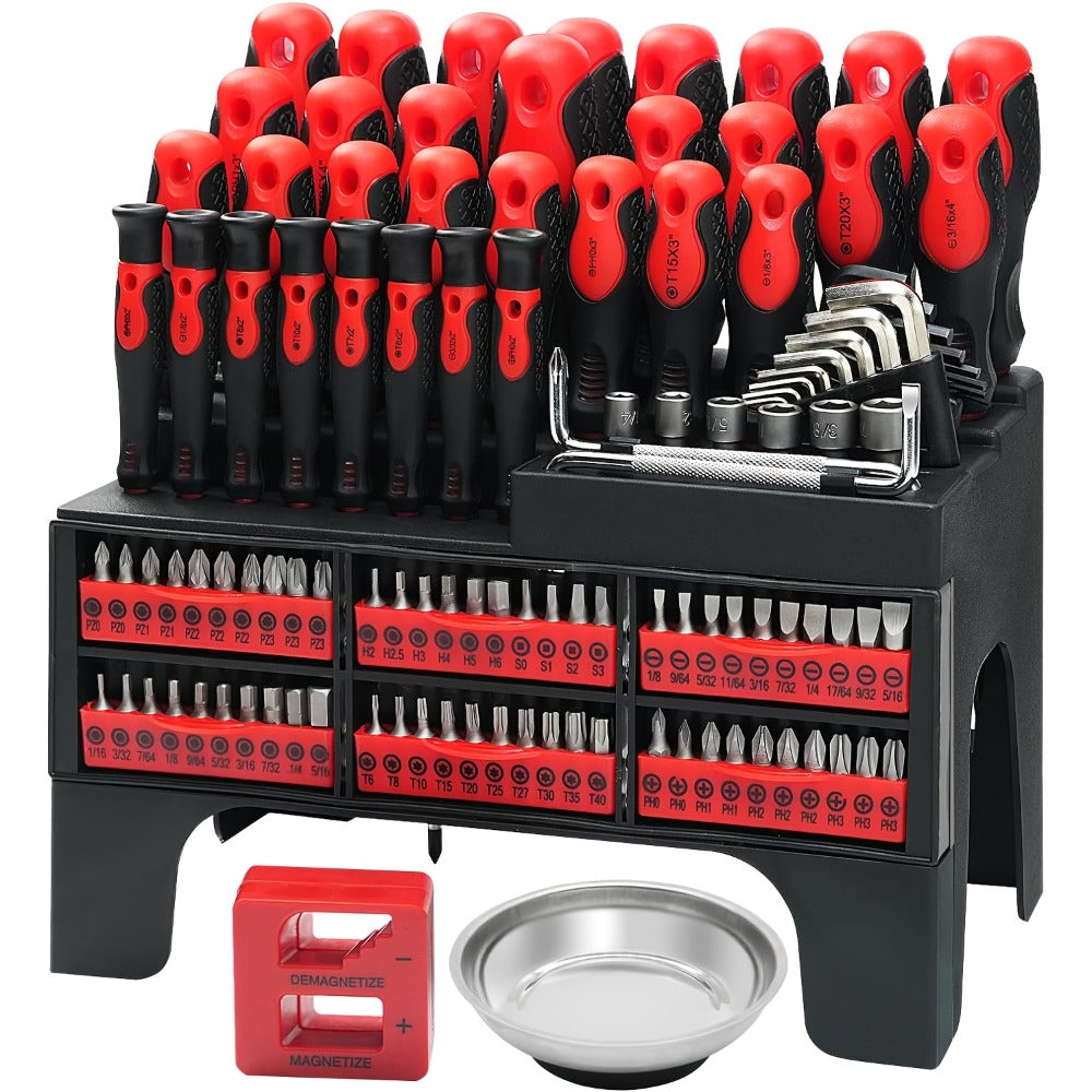 Screwdriver Organizer Set with 69- or 118-Piece Rack Configurations in Green, Red or Orange and Blue