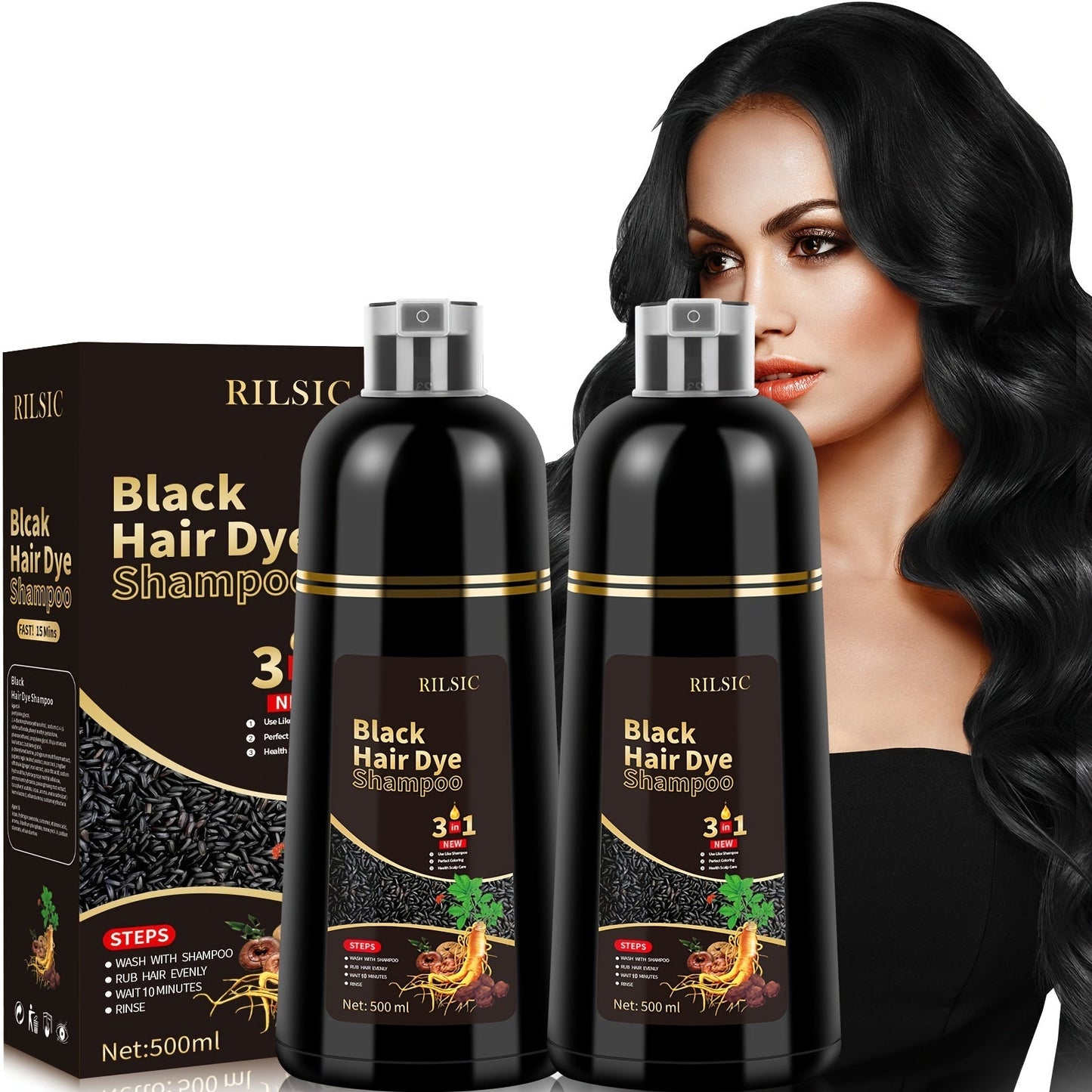Grey Hair Coverage Shampoo 2 Pack 3-in-1 Herbal Hair Dye Kit with Plant-Based Squalane Colors for Bath Time, Home Spa and Personal Care