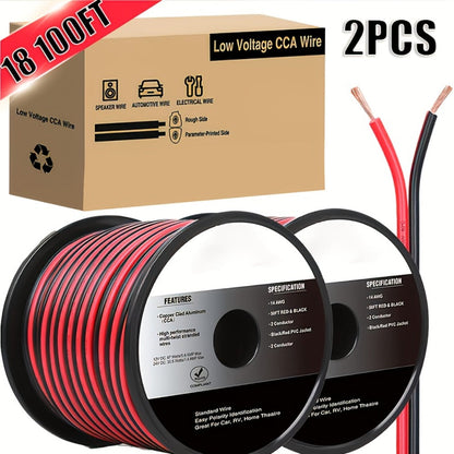 CCA Speaker Wire 16AWG – Red & Black Copper Clad Aluminum 2-Conductor DC Cable for Car Audio, Radio, Amplifier & Home LED Strip Lights