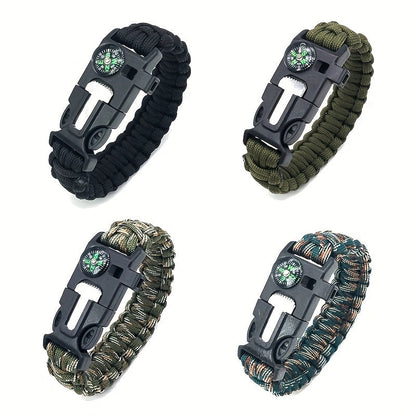 Paracord Survival Bracelet 5-in-1 with Compass, Saw, Flint Fire Starter & Whistle – 4-Pack Multi-Color Emergency Outdoor Bracelet