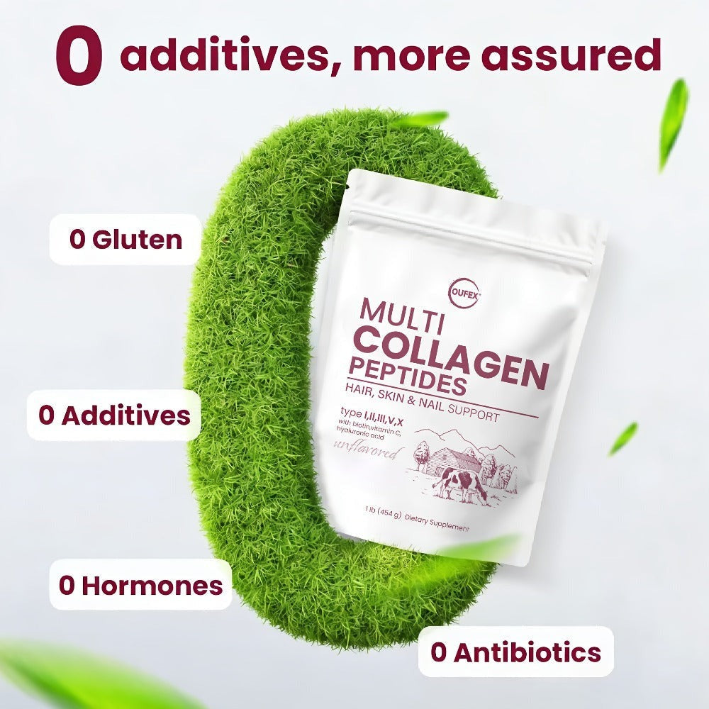 Multi-Collagen Powder Type I II III V X with Hyaluronic Acid, Biotin & Vitamin C - Hydrolyzed Protein for Skin
