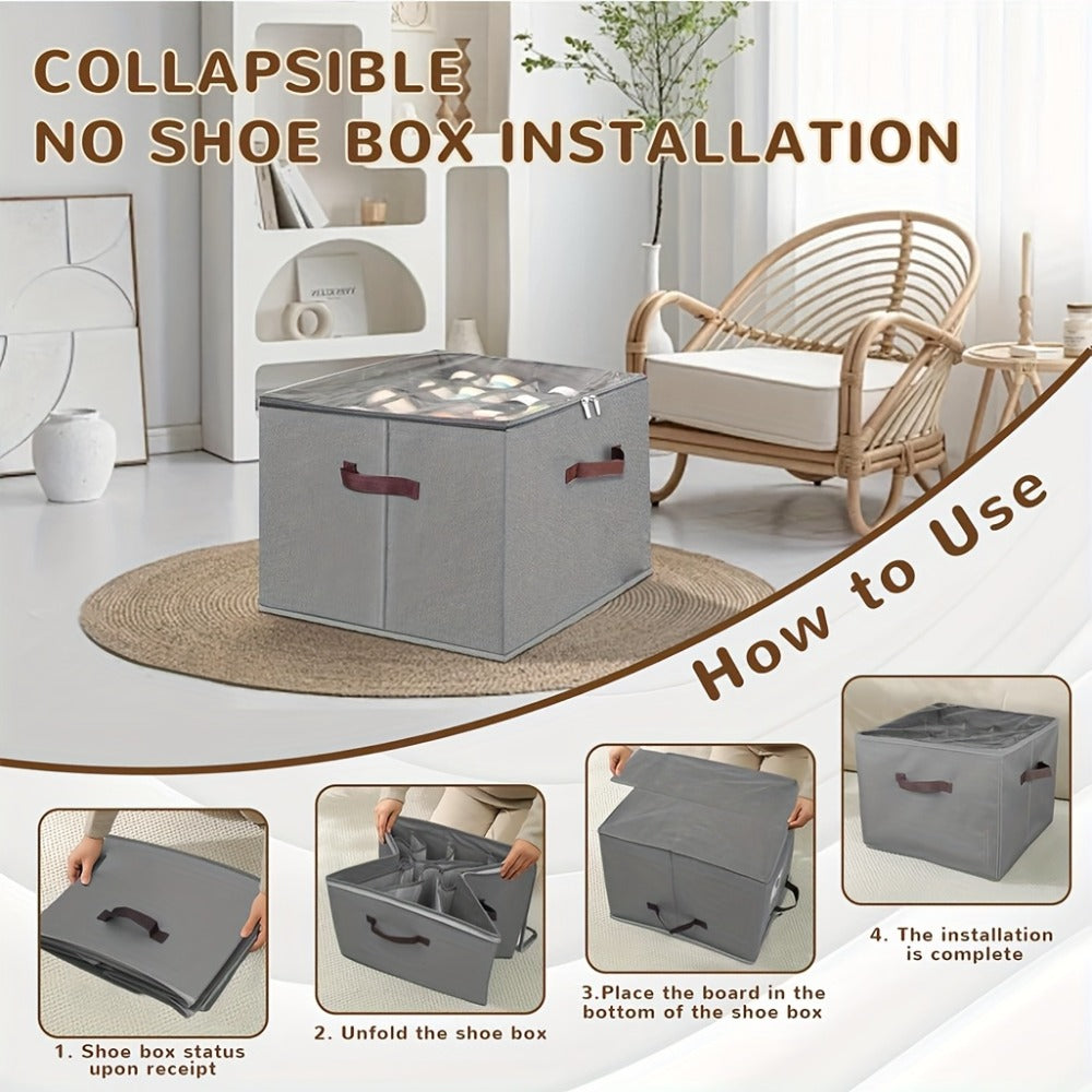 Sixteen-Compartment Foldable Shoe Storage Box with Flip-Top Cover, Side Handles and One- or Two-Piece Sets