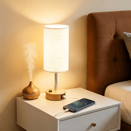 Table Lamp HOODINK with Cylindrical Shade, 3-Way Touch Dimming, USB-A, USB-C, AC Outlet and One or Two-Pack Options