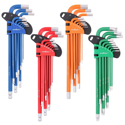 Allen Wrench Set Ball End Hex Key – SAE & Metric Color-Coded with T-Handle & Torx Keys Chrome Vanadium Steel for Bicycle Repair Auto DIY