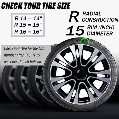 Hubcaps 4pcs Set – 15 Inch & 16 Inch Full Cover Wheel Hub Covers, Snap-On Easy Install, Universal Fit Steel Wheels for Sedan, SUV