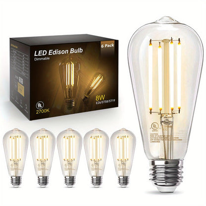 Edison Bulbs LED Vintage, 8W 60W Equivalent Dimmable E26 Base, 800 Lumens 2700K Warm White, 80+ CRI Antique Filament Style LED Edison Light