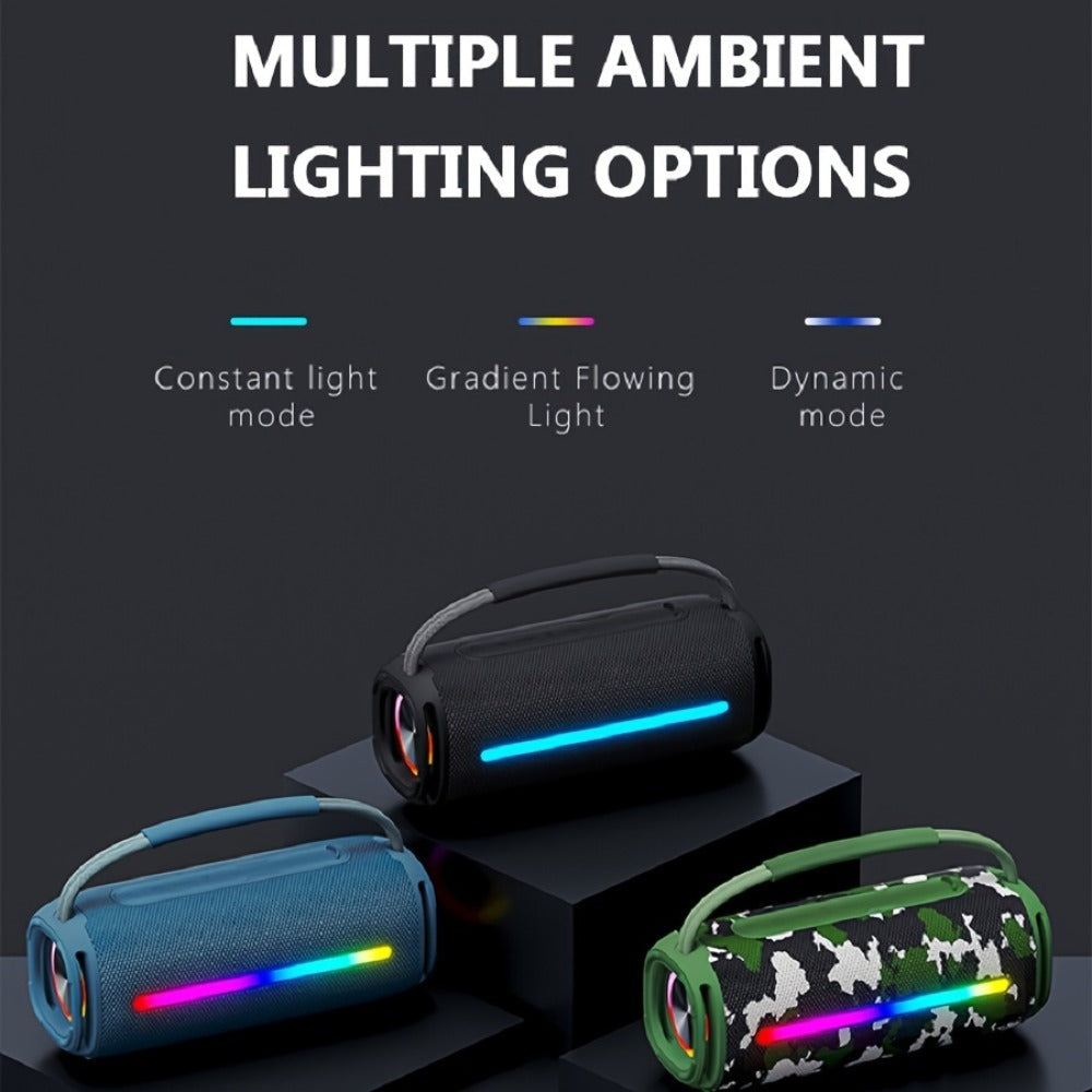 Portable Cylindrical Speaker in Black, Blue or Green with Carry Handle, Dual Light Bars and End-Ring Lighting
