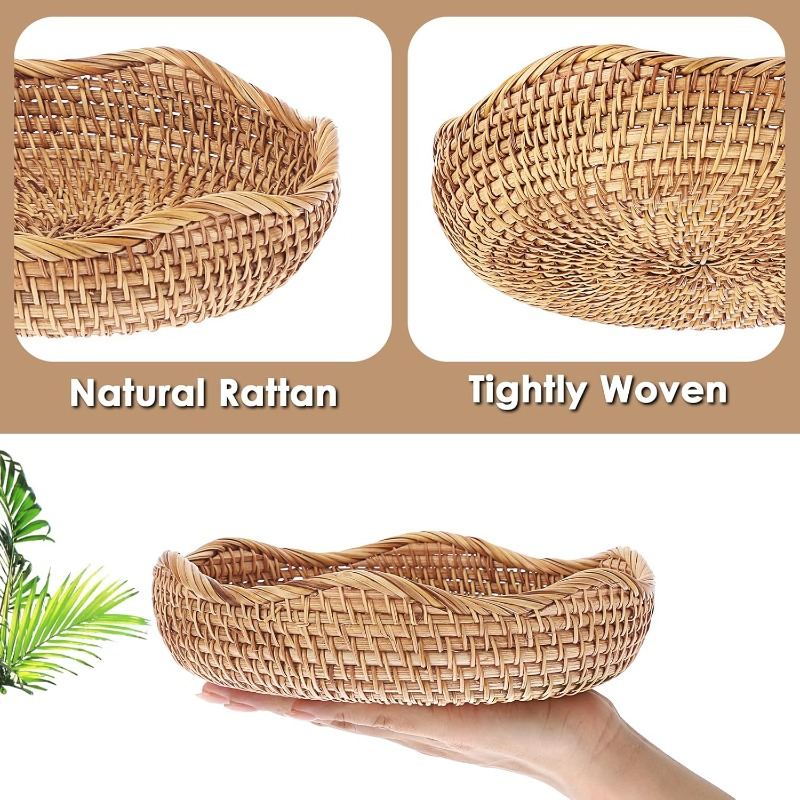 Rattan Tray Bowl – 8.5 Inch Hand Woven Natural Wicker Basket Tray for Fruit, Bread, Keys, Tabletop Decor, Kitchen, Entryway & Living Room