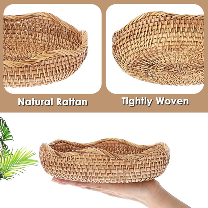 Rattan Tray Bowl – 8.5 Inch Hand Woven Natural Wicker Basket Tray for Fruit, Bread, Keys, Tabletop Decor, Kitchen, Entryway & Living Room